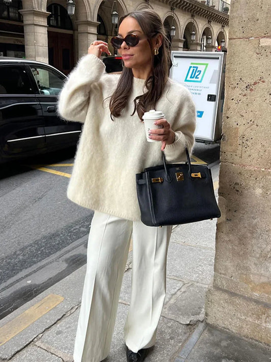 CITSLX Chic O-neck Mohair Thick Knitted Sweater Women Casual White Loose Cashmere Pullover 2024 Lady Autumn Classic Daily Knitwear New