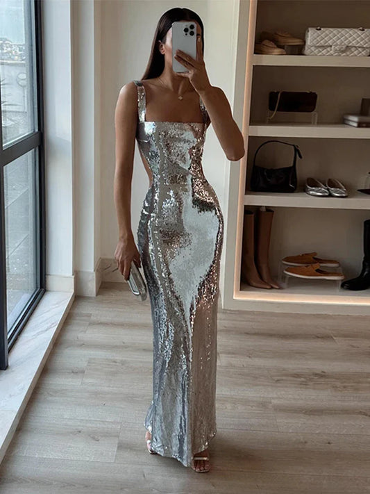 CITSLX Chic Sling Backless Silvery Maxi Dress Women Elegant High Waist Bodycon Sleeveless Dresses for Female Stylish Evening Party Robe