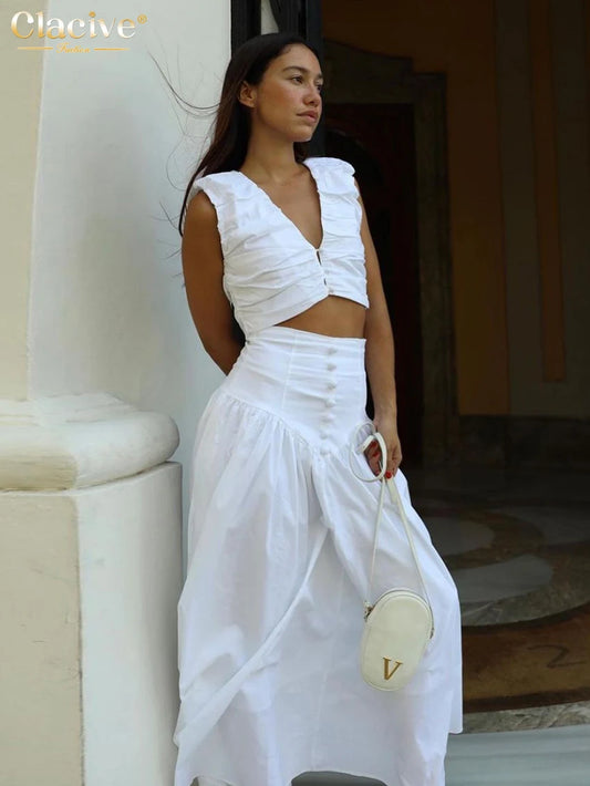 CITSLX Clacive Sexy Slim White Cotton 2 Piece Sets Women Outfit 2024 Summer Sleeveless Tank Top With High Waist Long Skirts Set Female