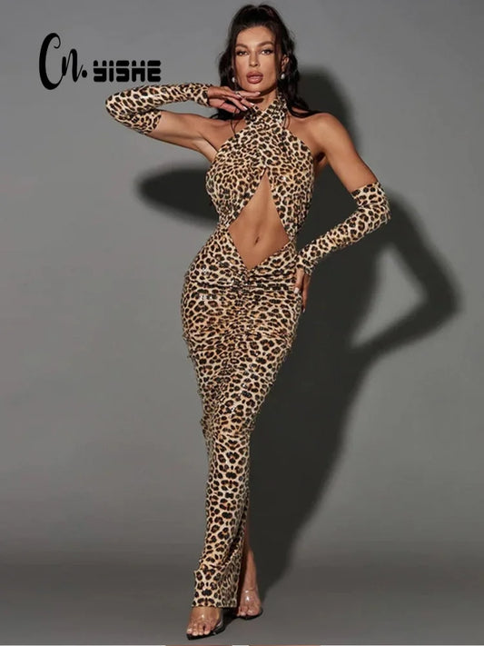 CITSLX Cnyishe Sexy Club Party Maxi Dresses Women Fashion Leopard Print Halter Hollow Out Slim Sheath Bodycon Vestidos Robes Female