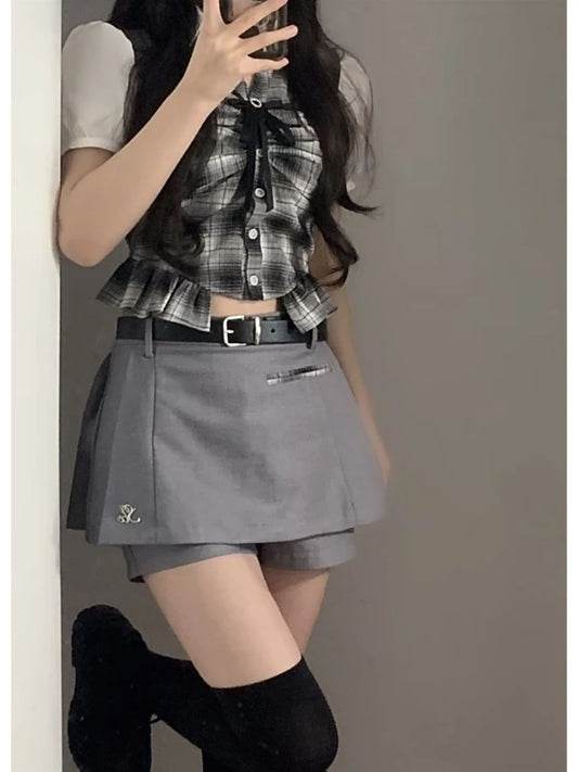 CITSLX College Style Bow Korean Fashion Shorts Suit Outfits Striped Shirt + Casual Slim Shorts Skirt Hot Girl Kawaii Sweet Set 2024 New