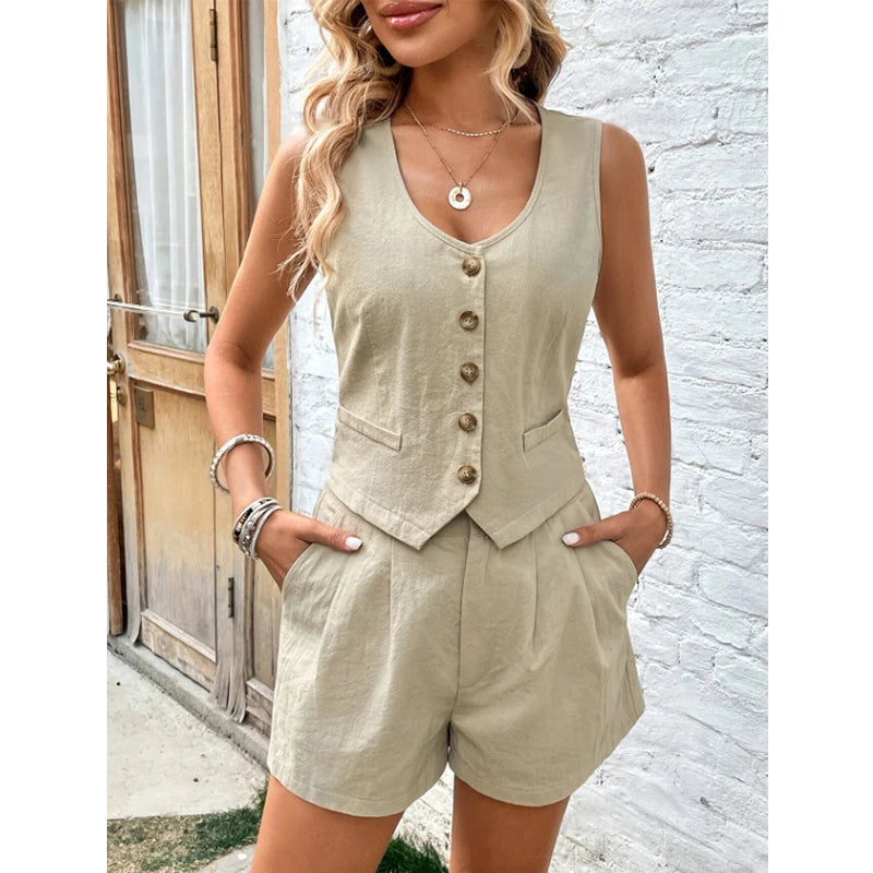 CITSLX Cotton Shorts Sets for Women 2 Pieces Sexy Sleeveless Single Breasted Vest Top + Shorts Suit Elegant Office Lady Tracksuit