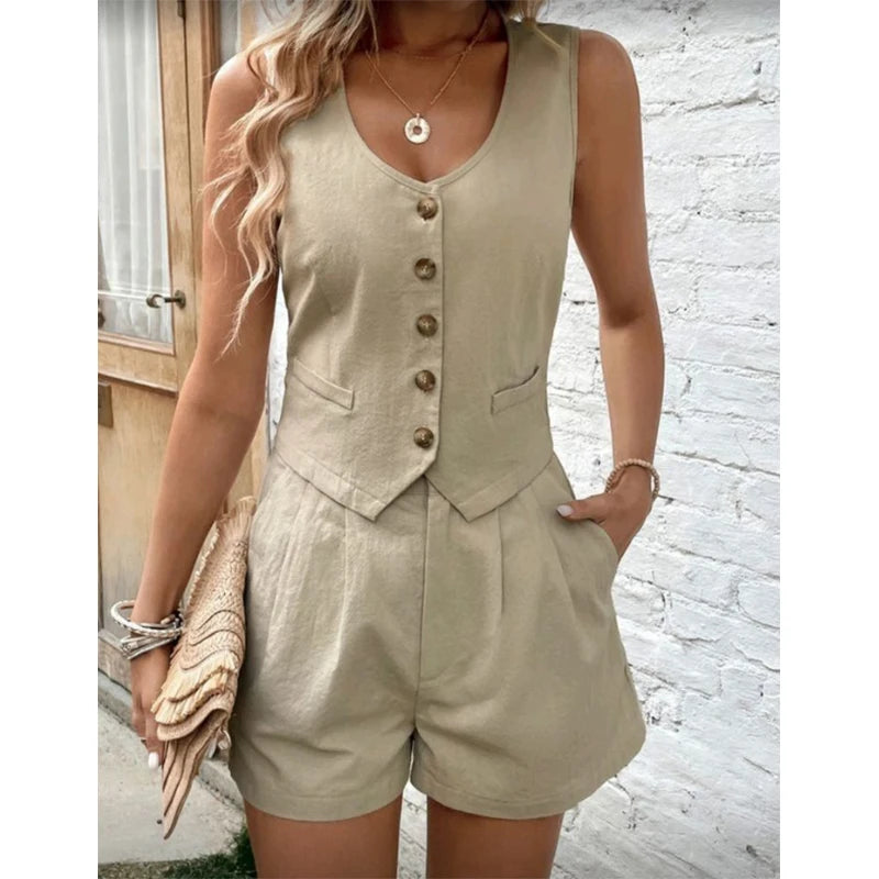 CITSLX Cotton Shorts Sets for Women 2 Pieces Sexy Sleeveless Single Breasted Vest Top + Shorts Suit Elegant Office Lady Tracksuit