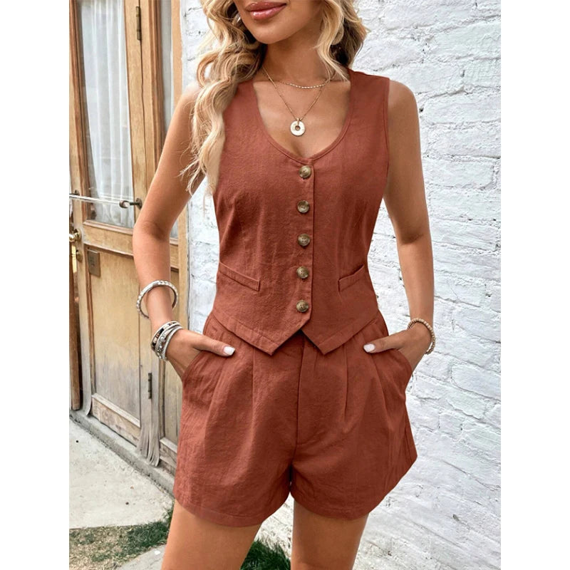 CITSLX Cotton Shorts Sets for Women 2 Pieces Sexy Sleeveless Single Breasted Vest Top + Shorts Suit Elegant Office Lady Tracksuit