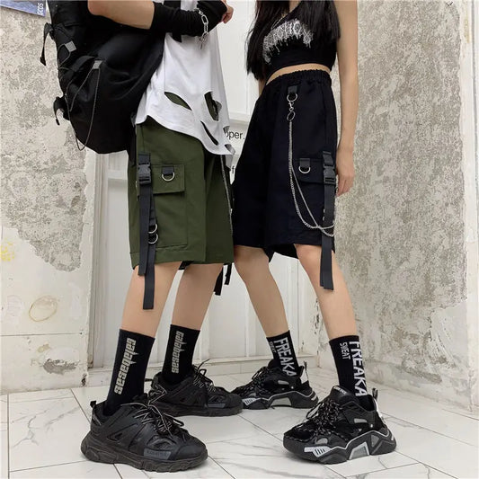 CITSLX Cotton Shorts for Women Cargo Pants Overalls with Chain Female Capris Summer Hip Hop Korean Straight Loose Casual Pants Black