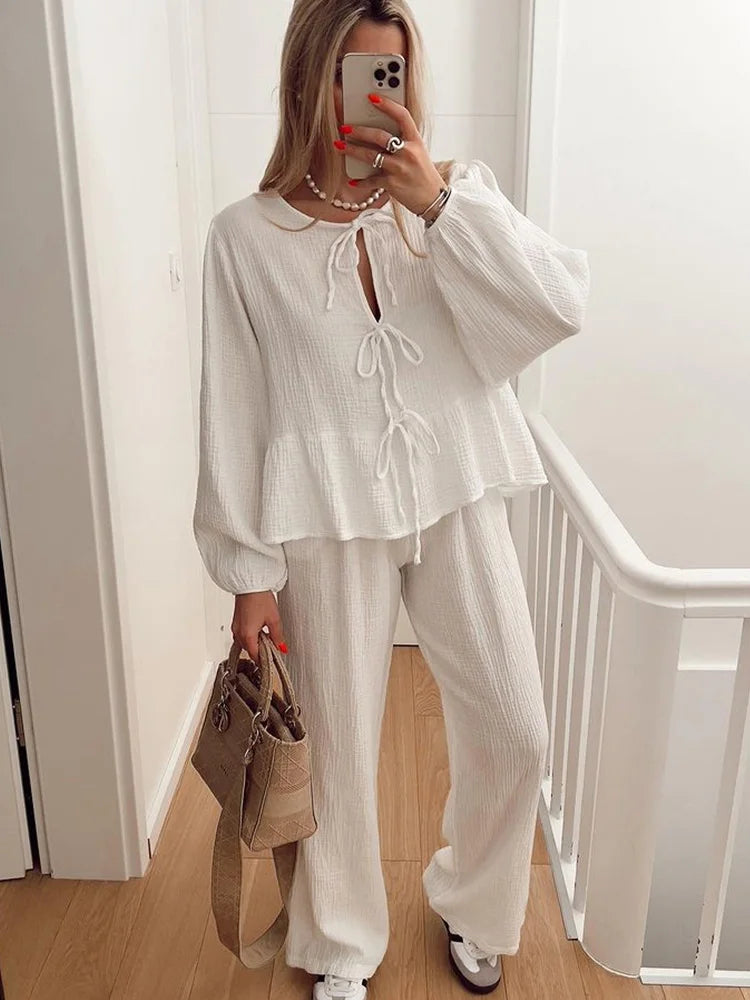 CITSLX Crape Leopard Shirts Pants Suit Women Lace Up O-neck Long Sleeve Loose Shirt And Elastic High Waist Trousers 2 Pieces Set Spring