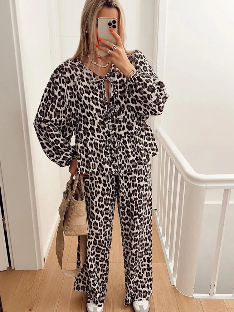 CITSLX Crape Leopard Shirts Pants Suit Women Lace Up O-neck Long Sleeve Loose Shirt And Elastic High Waist Trousers 2 Pieces Set Spring