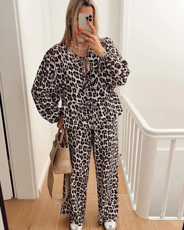 CITSLX Crape Leopard Shirts Pants Suit Women Lace Up O-neck Long Sleeve Loose Shirt And Elastic High Waist Trousers 2 Pieces Set Spring