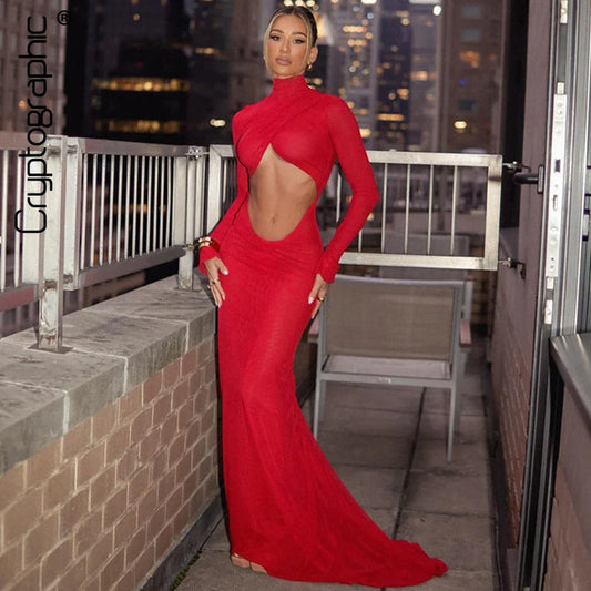 CITSLX Cryptographic Elegant Red Cut Out Maxi Dress for Women Party Club Outfits Long Sleeve Ruched Sexy Backless Gown Birthday Dresses