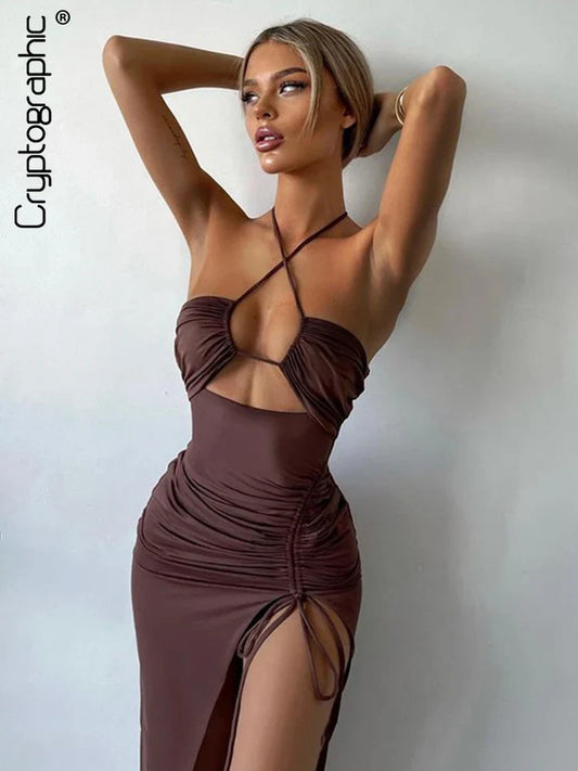 CITSLX Cryptographic Hot Summer Sexy Halter Backless Sleeveless Cut Out Maxi Dress for Women Elegant Club Party Slit Dresses Vestido