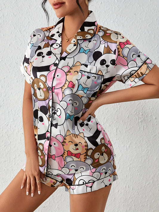 CITSLX Cute Cartoon Print Satin Pajama Set Short Sleeve Buttons Lapel Top & Elastic Shorts Women's Sleepwear