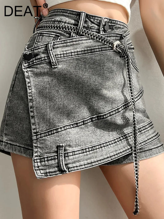 CITSLX DEAT Fashion Women's Denim Skirt New High Waist Irregular Chain Spliced Gray Above Knee Skirts Female Tide Summer 2024 17A1443