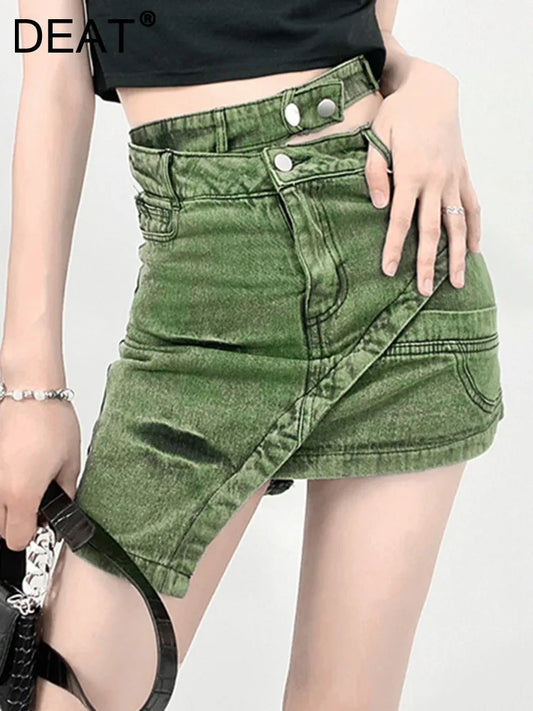 CITSLX DEAT Fashion Women's Skirt High Waist Patchwork Irregular Mini Above Knee Tie-dyed Green Denim Skirts Spring 2024 New 17A1759