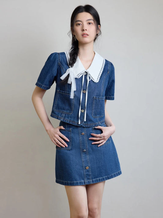 CITSLX DUSHU Denim Casual Sweet Style Fashion Chic Women Suit Denim Top Short Skirt Two Pieces Casual Female Suit 24DS82575 24DS82576