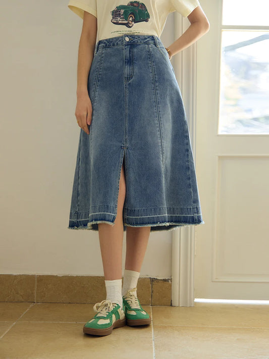 CITSLX DUSHU Double Version Retro Washed Denim Skirt for Women High Waist Slimming 2024 Summer New All-match Skirts Female 24DS82015