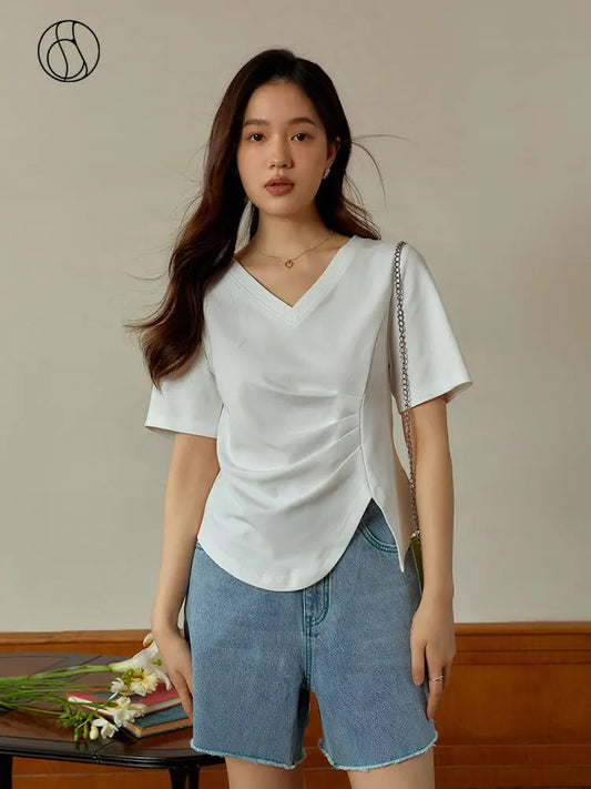 CITSLX DUSHU Office Lady Irregular V-neck Pleated Shoulder Black T-shirt For Women's Summer 2024 New Basic White Top For Women