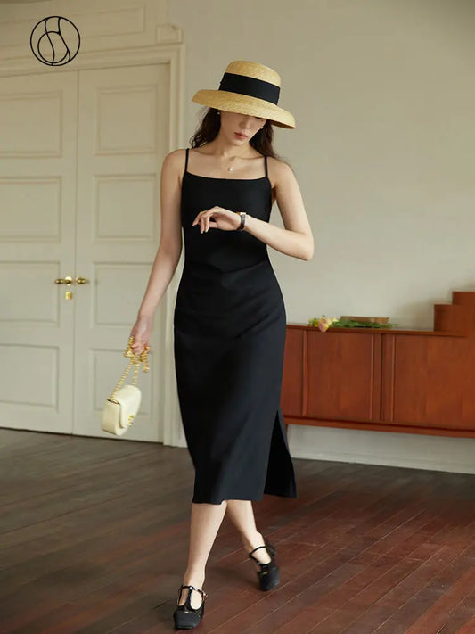 CITSLX DUSHU Women Long Black Slip Dress Slit Design Elegant Square Neck Slip Dress Adjustable Strap Spring Women Solid Dress