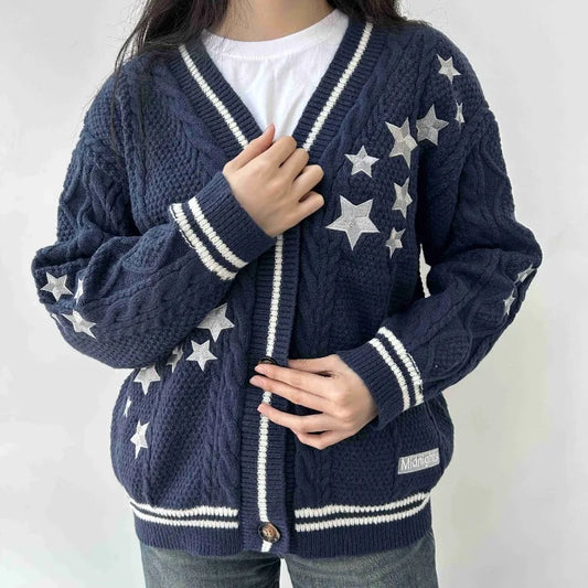 CITSLX Dark Blue Midnight Cardigan Women with Stars V-neck Knitted Sweater Long Sleeves Warm Comfortable Knit Cardigan Female Autumn