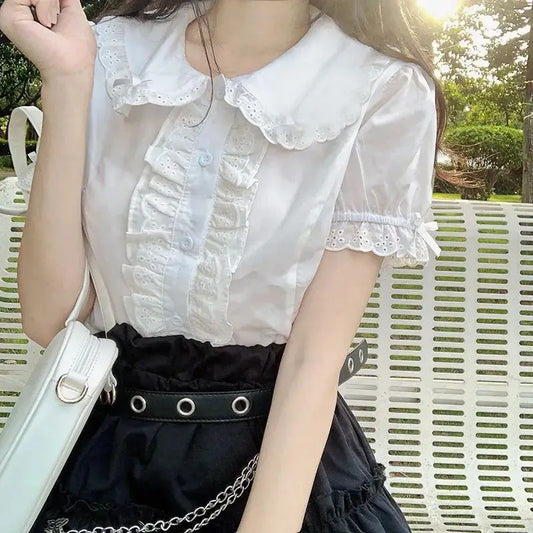 CITSLX Deeptown Kawaii Lolita Blouses White Women Cute Lace Tops Ruffle Shirts Vintage Puff Sleeve Japanese Preppy Style Sweet Tops