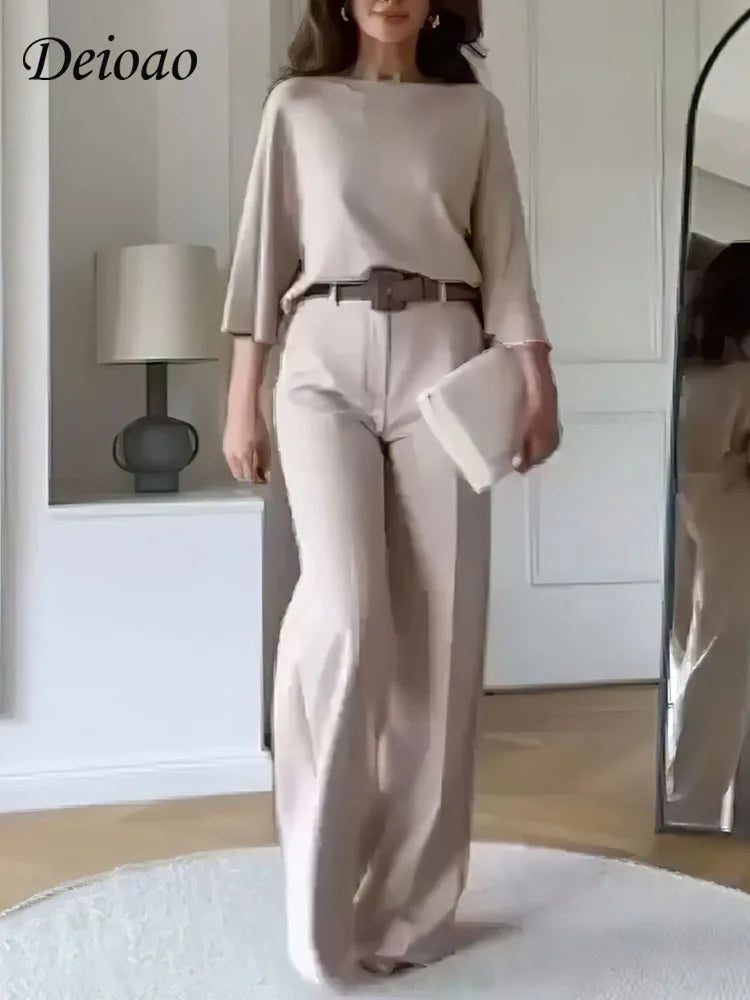 CITSLX Deioao Office 2-piece Set Tops And Pants For Women's  Summer Halft Sleeve Beige Slim Elegant Fashion Female Clothing Wide Pant