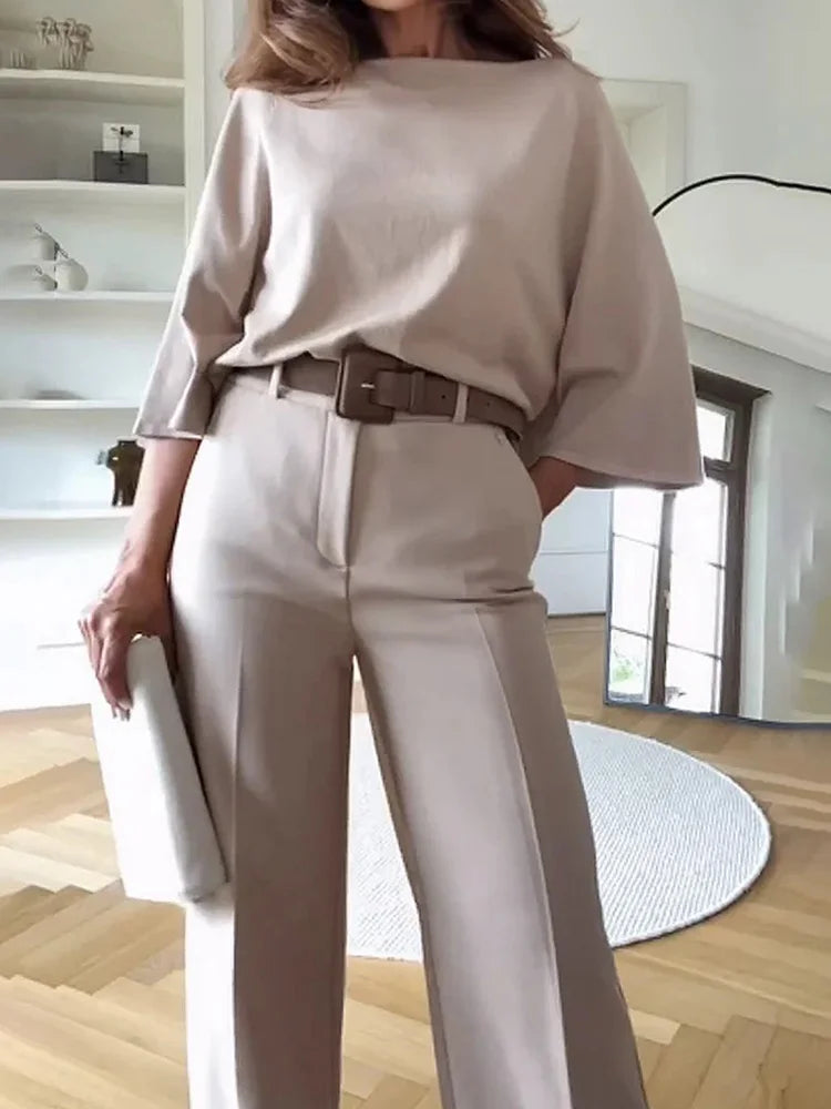 CITSLX Deioao Office 2-piece Set Tops And Pants For Women's  Summer Halft Sleeve Beige Slim Elegant Fashion Female Clothing Wide Pant