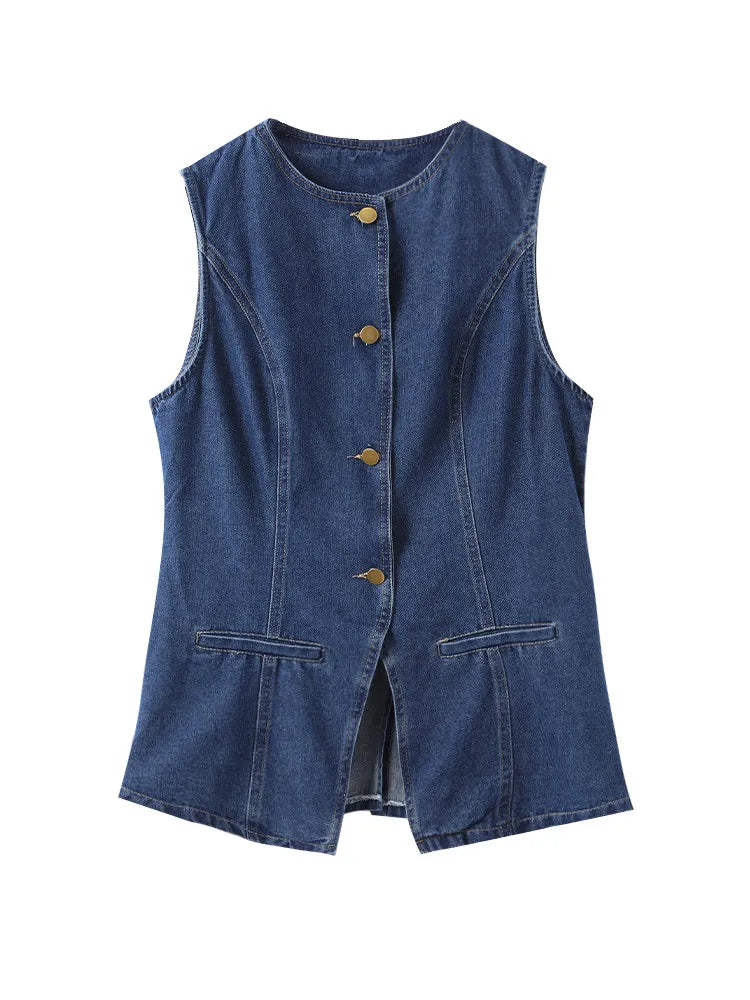 CITSLX Denim 2 Pieces Sets Women Fashion Slim O-neck Sleeveless Single Breasted Vest Wide Leg Shorts 2024 Summer Y2K Lady Outfit