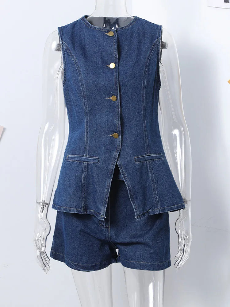 CITSLX Denim 2 Pieces Sets Women Fashion Slim O-neck Sleeveless Single Breasted Vest Wide Leg Shorts 2024 Summer Y2K Lady Outfit