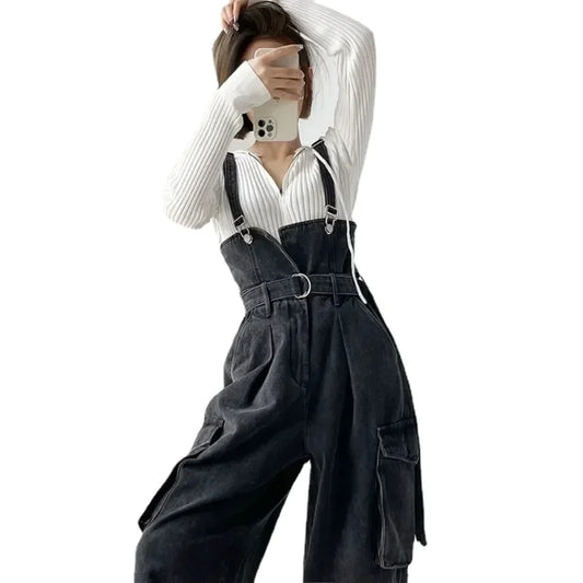 CITSLX Denim Jumpsuits Women High Waisted Cargo Trousers American Streetwear Teens Personal Hipsters Pure Big Pockets Washed Clothes