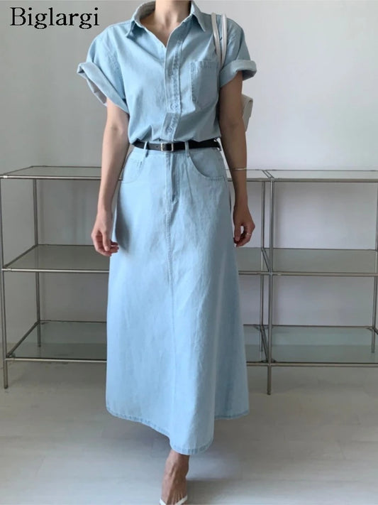 CITSLX Denim Summer 2 Two Piece Set Women Fashion Casual Ladies Cropped Shirts Blouse Split Korean Loose Pleated Woman Long Skirts