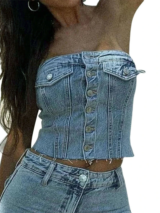 CITSLX Denim Vest Tank Tops Women Off Shoulder Street Casual Party Street Fall Buttons Short Wrap Chest Denim Camisoles For Women