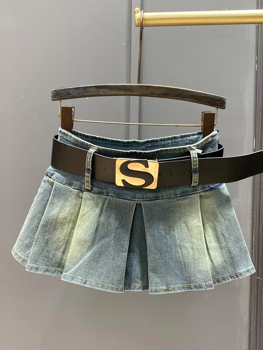 CITSLX Denim mini skirt female early autumn retro Slim-fit culottes pleated skirts European and American style