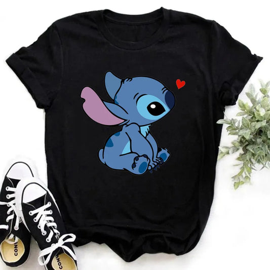 CITSLX Disney Lilo Stitch Cartoon T-shirts Tops for Women Lady S-3XL Summer Female T-shirts Black O-neck Ohana Stitch Hot Tees T-shirts