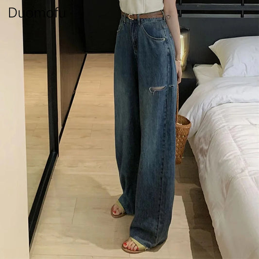 CITSLX Duomofu Chic Hollow Out Basic High Waist Slim Casual Female Jeans Summer New Loose Casual Fashion Full Length Simple Women Jeans