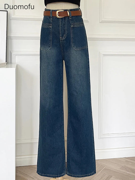 CITSLX Duomofu Chic Pocket Basic Belt High Waist Slim Straight Female Jeans Summer Vintage Full Length Loose Casual Fashion Women Jeans