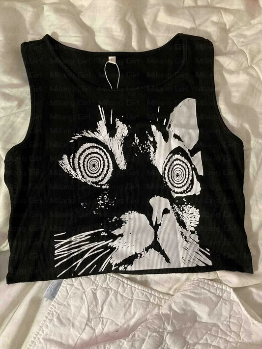 CITSLX E-girl Gothic Grunge Crop Tops Vintage Women Kawaii Cat Graphics Black Tops Retro lovely kitten Mini Vest Punk Style Emo Clothes