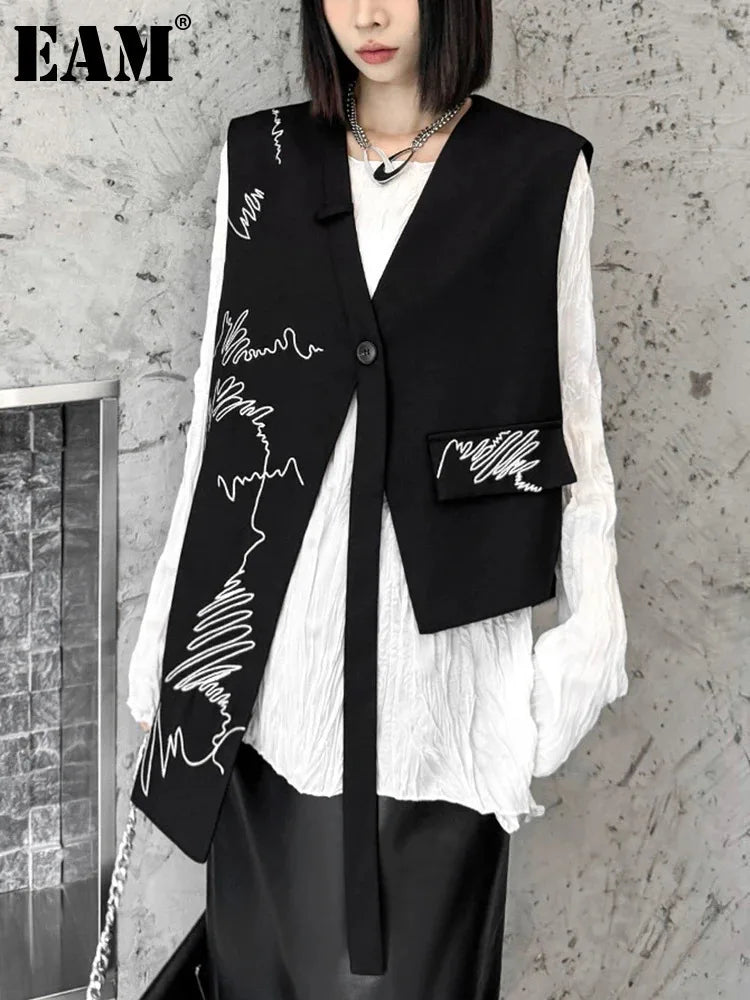 CITSLX [EAM] Women Black Embroidery Irregular Ribbon Big Size Vest New V-collar Sleeveless Fashion Tide Spring Autumn 2025 1DH7749