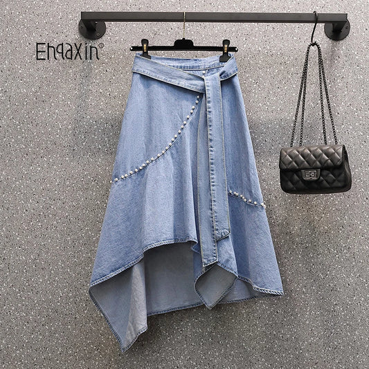 CITSLX EHQAXIN Women's Casual Denim Skirt 2024 Summer New Simple Irregular Lace-Up Beaded Loose Denim Skirt Ladies Fashion Youth L-4XL