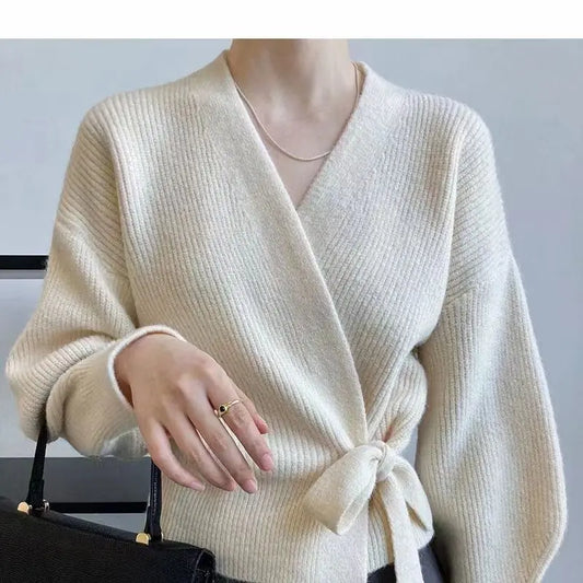 CITSLX Early Autumn Bow Tie V-Neck Knit Women's Short High Waist Cardigan Sweater Coat Overlay Design Sense Top