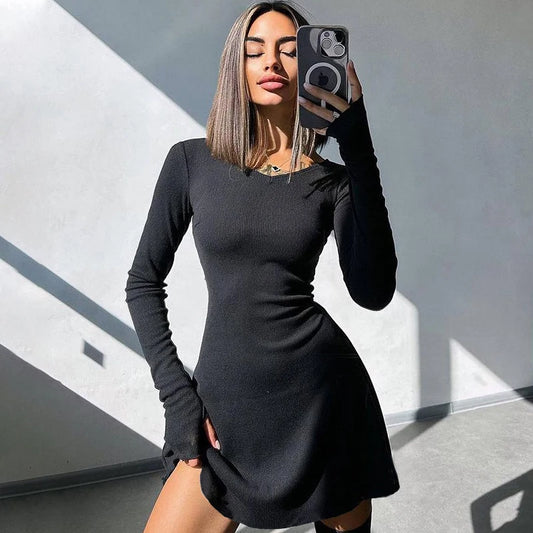 CITSLX Elegant And Pretty Women Dresses Autumn Winter New Black Sexy Short Dress Female V Neck Long Sleeve Slim Solid Color Mini Dress