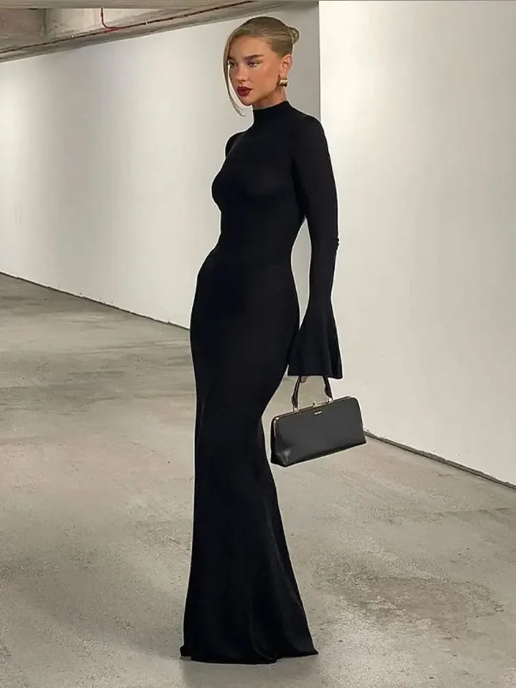 CITSLX Elegant Black Back Hollow Out Maxi Dress Women Half High Collar Flare Long Sleeve Bodycon Dresses Lady Chic Banquet Evening Robe