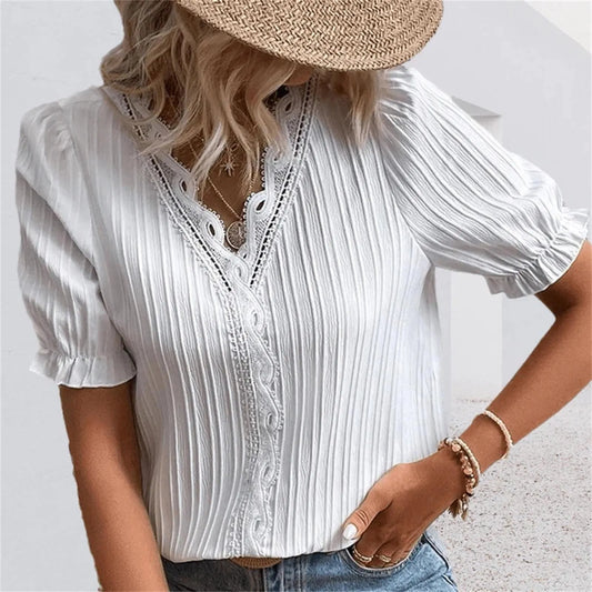 CITSLX Elegant Blouse Solid Shirt Lace 2024 Summer Fashion Lace Stitching Hollow Short Sleeve Pullover Top Office Lady Shirt Apparel