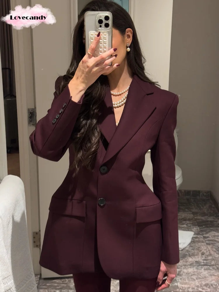 CITSLX Elegant Burgundy Lapel Single Breasted Short Suit Women Fahion Button Long Sleeves Pocket Coat 2025 New Office Commuting Jacket