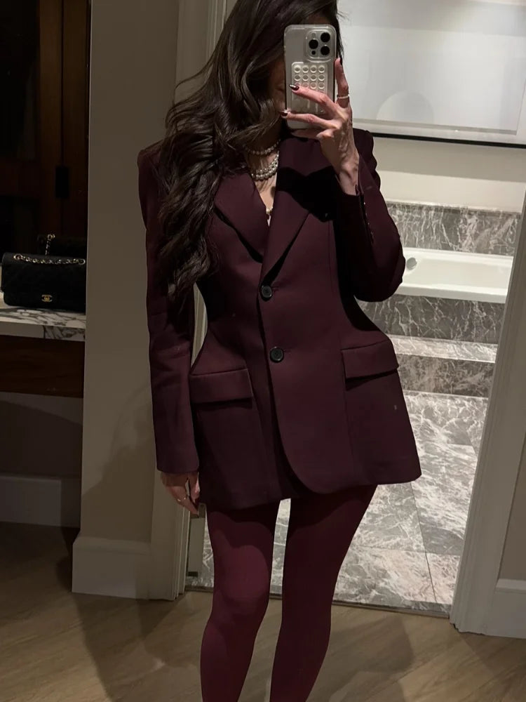 CITSLX Elegant Burgundy Lapel Single Breasted Short Suit Women Fahion Button Long Sleeves Pocket Coat 2025 New Office Commuting Jacket