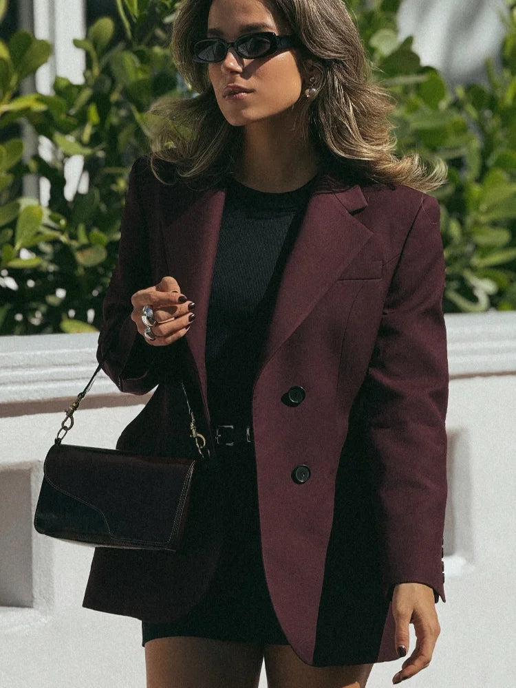 CITSLX Elegant Burgundy Lapel Single Breasted Short Suit Women Fahion Button Long Sleeves Pocket Coat 2025 New Office Commuting Jacket