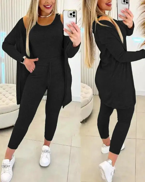 CITSLX Elegant Fall Outfits Women 2024 Suit Fashion Versatile Casual Round Neck Tank Top & Drawstring Pants Set with Coat Three-piece