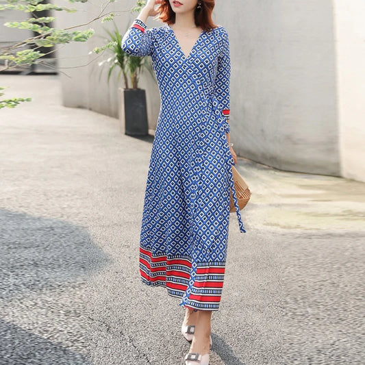 CITSLX платье женское Elegant Ladies One-piece Wrap V-neck Dresses for Women's French Robe Retro Blue Plaid Maxi Dress Vestido de mujer