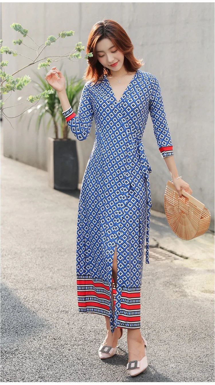 CITSLX платье женское Elegant Ladies One-piece Wrap V-neck Dresses for Women's French Robe Retro Blue Plaid Maxi Dress Vestido de mujer