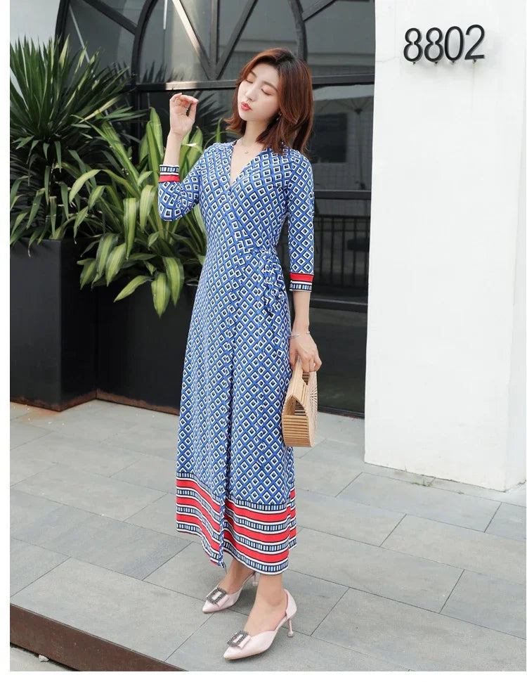 CITSLX платье женское Elegant Ladies One-piece Wrap V-neck Dresses for Women's French Robe Retro Blue Plaid Maxi Dress Vestido de mujer