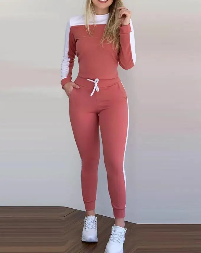 CITSLX Elegant Pants Set for Woman Casual Autumn Color Block Slimming Long Sleeve Top Stretch Tight Drawstring Women's Matching Sets