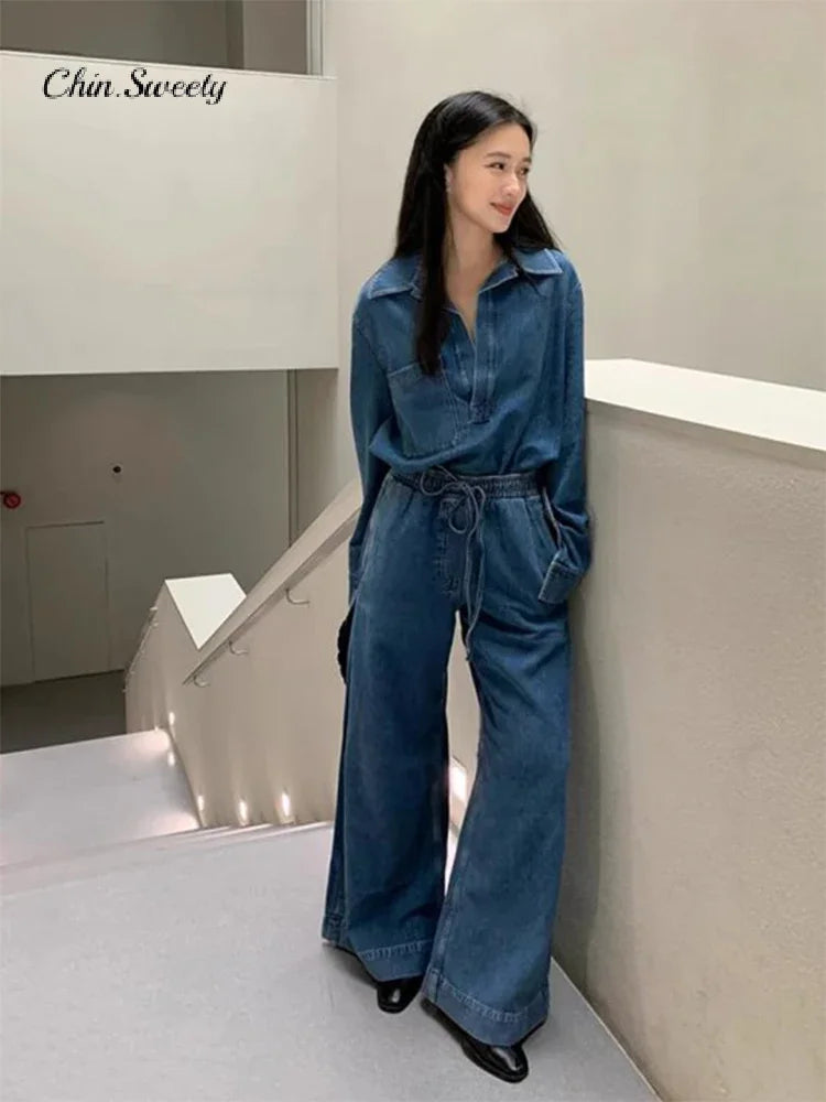 CITSLX Elegant Pants Women Denim 2 Pieces Set Fashion Long Sleeve Turn-down Collar Top Drawstring Wide Trousers 2024 Autumn Lady Suit